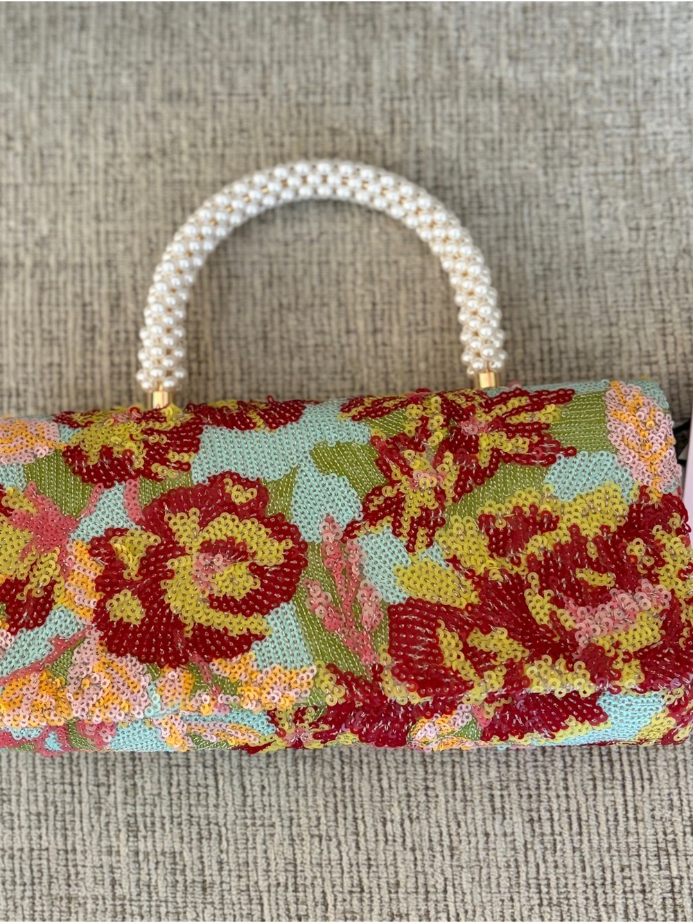 Beaded Floral Top-Handle Bag in Multi-Color